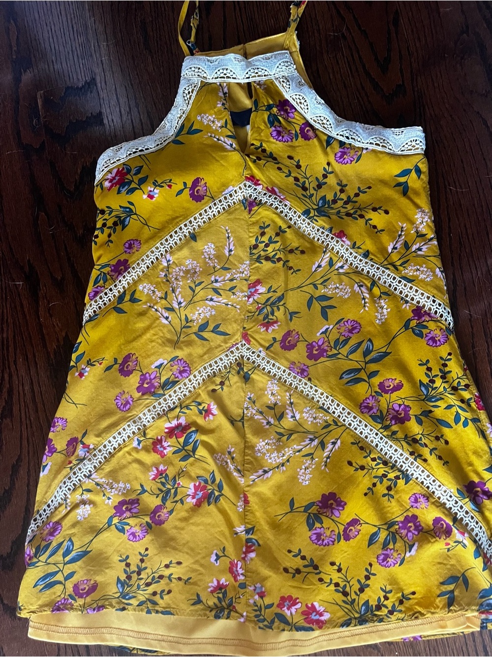 Francesca's Collections Mustard Yellow Boho Floral Halter Top with Lace XS